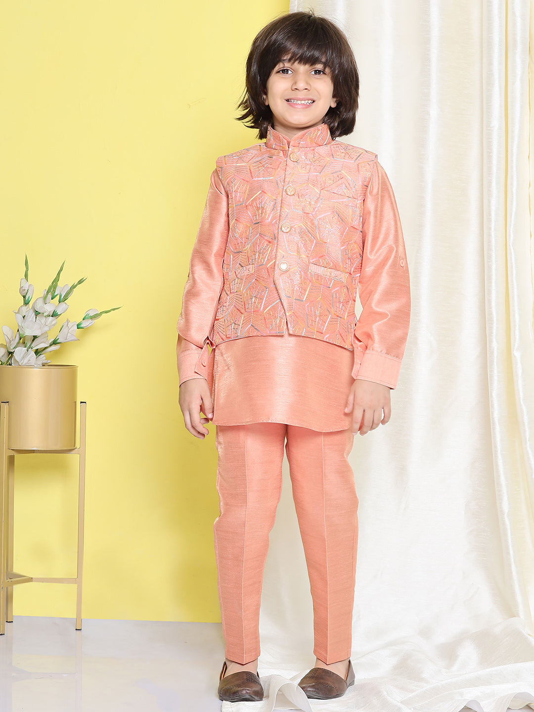 Boys Pink Raw Silk Embroidery Mandarin Kurta Pyjama Waistcoat