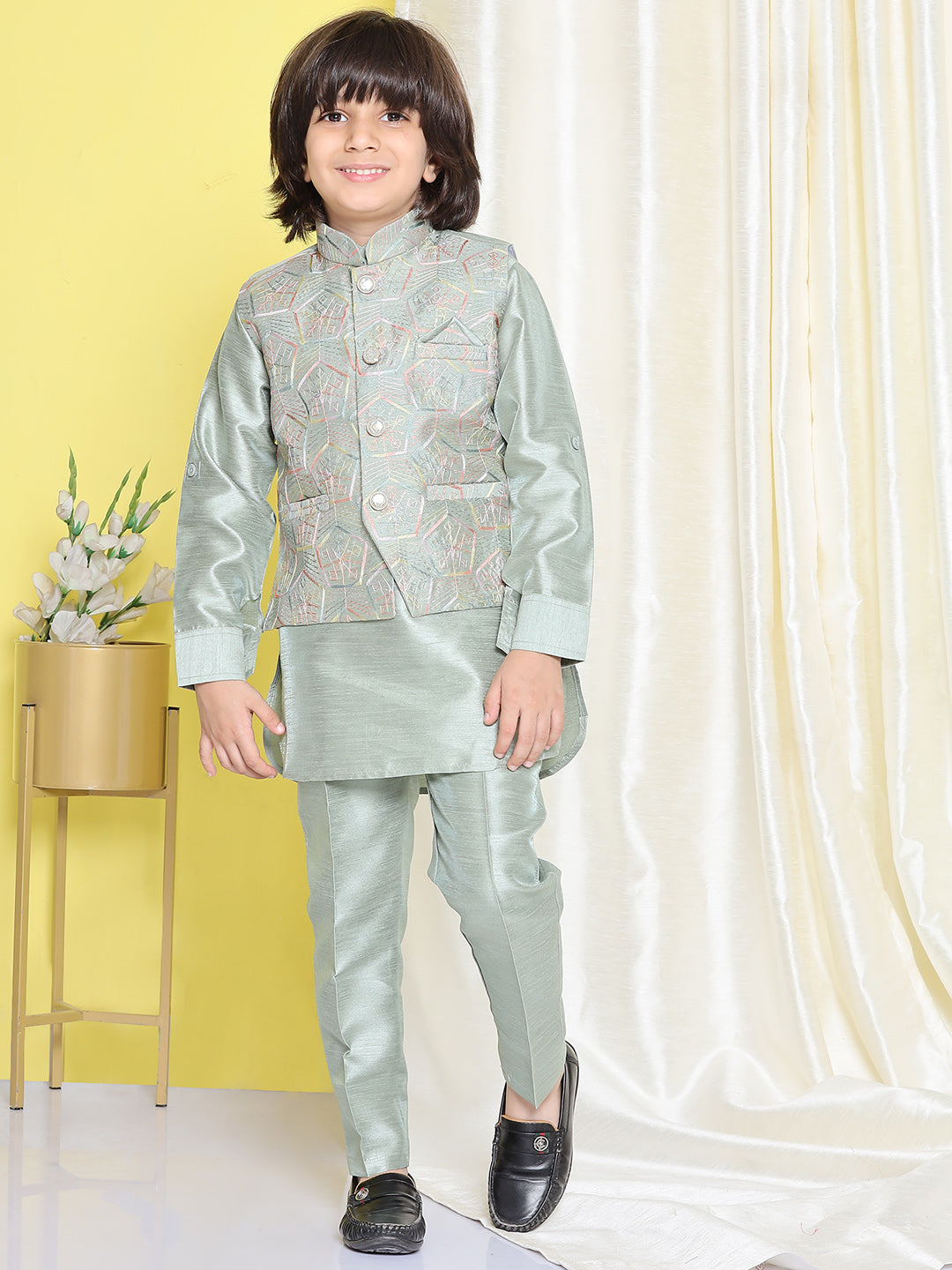 Boys Green Raw Silk Embroidery Mandarin Kurta Pyjama Waistcoat