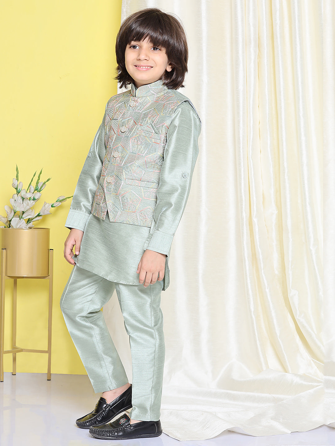 Boys Green Raw Silk Embroidery Mandarin Kurta Pyjama Waistcoat