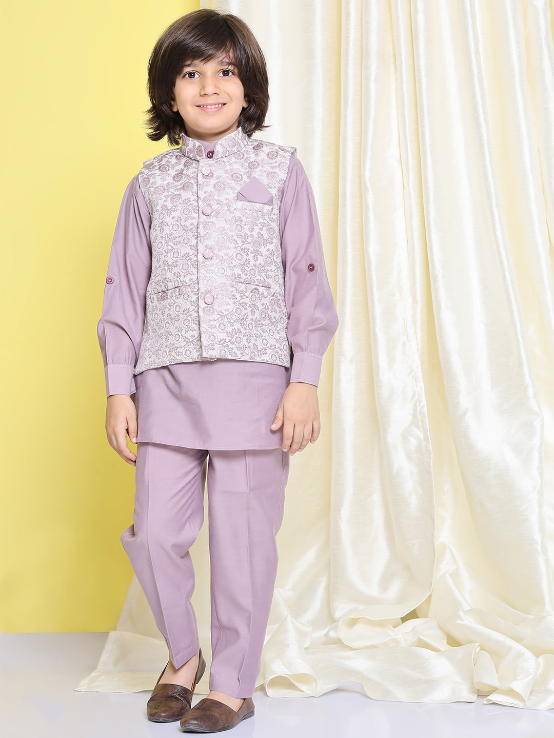 Kids Boys Purple Solid Cotton Blend Suit Set - AJ Dezines