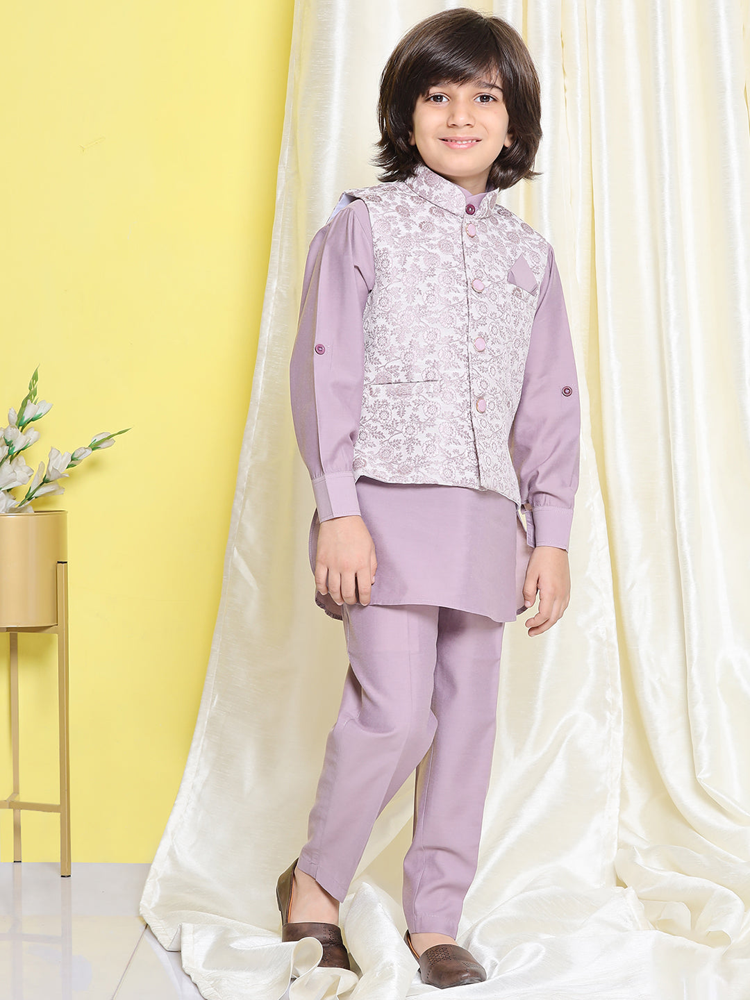 Kids Boys Purple Solid Cotton Blend Suit Set - AJ Dezines