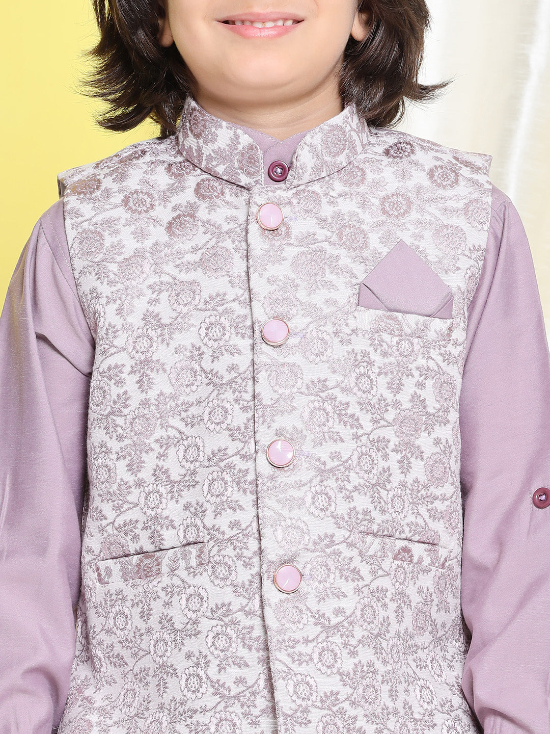 Boys Purple Cotton Blend Embroidery Mandarin Kurta Trouser Waistcoat