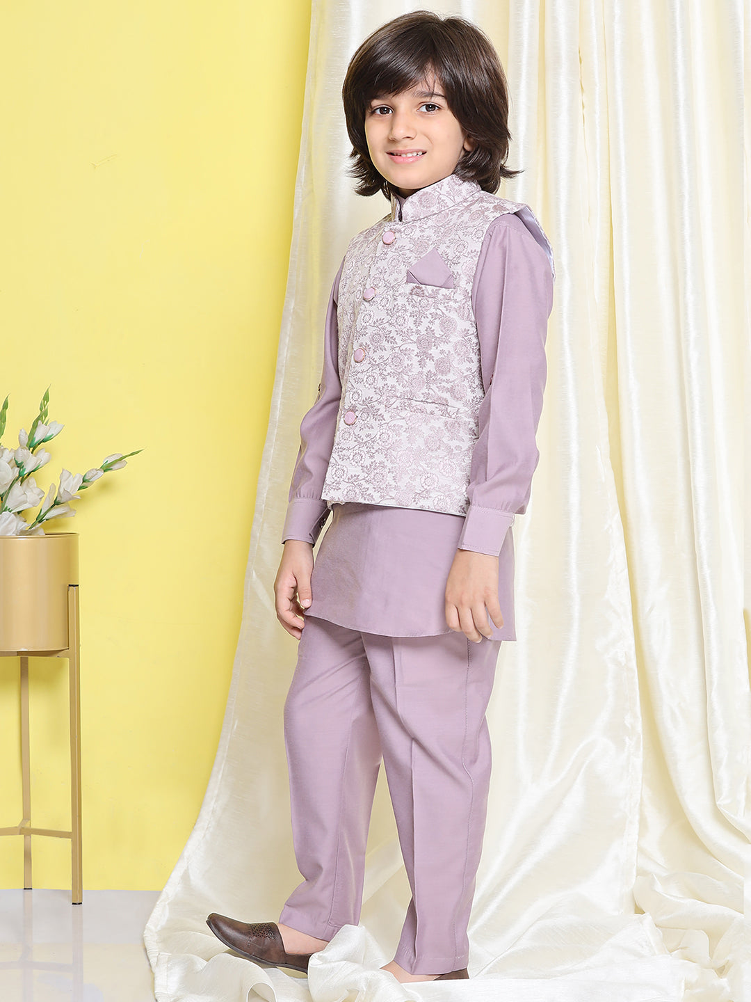 Boys Purple Cotton Blend Embroidery Mandarin Kurta Trouser Waistcoat