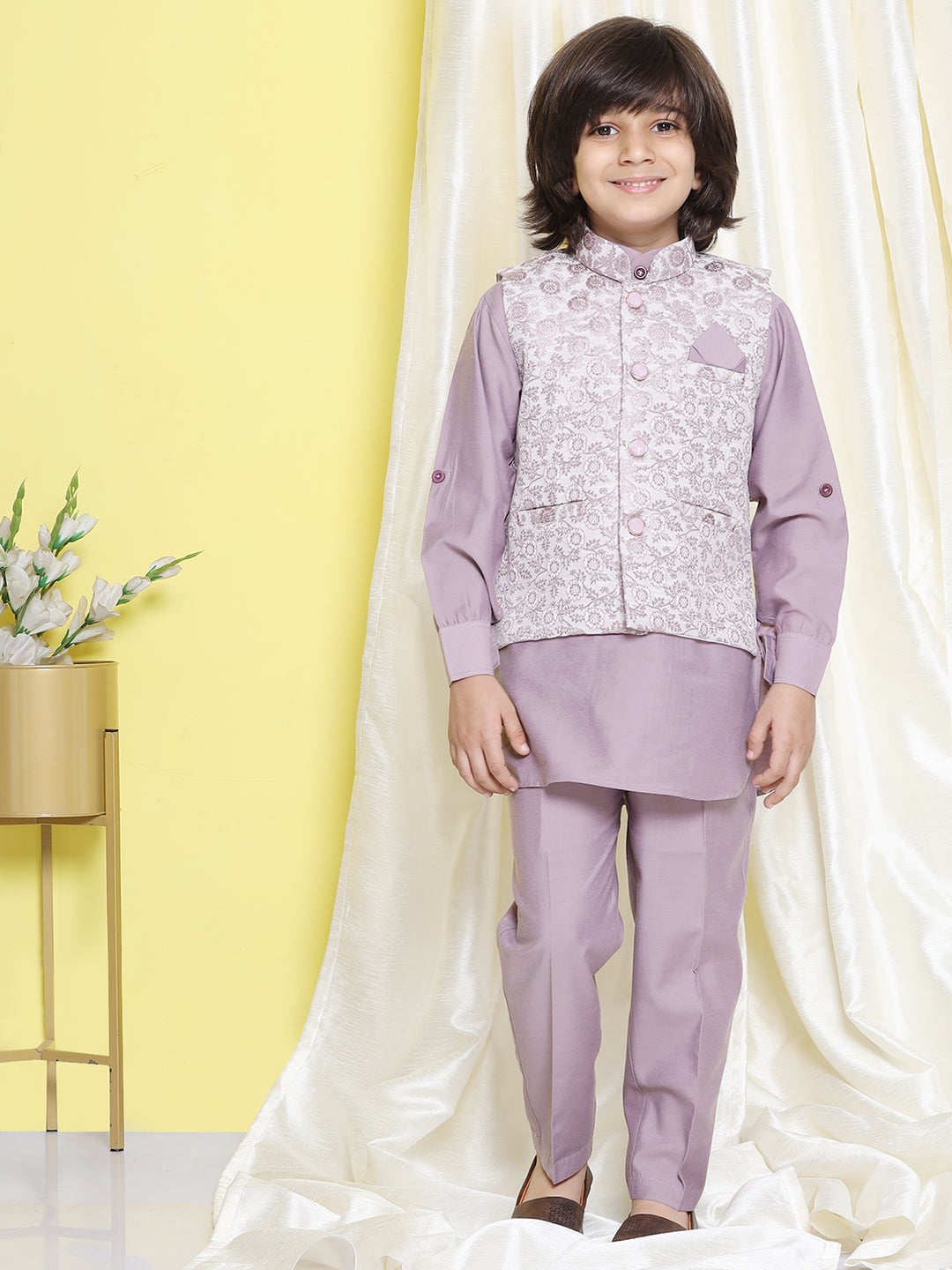 Kids Boys Purple Solid Cotton Blend Suit Set - AJ Dezines