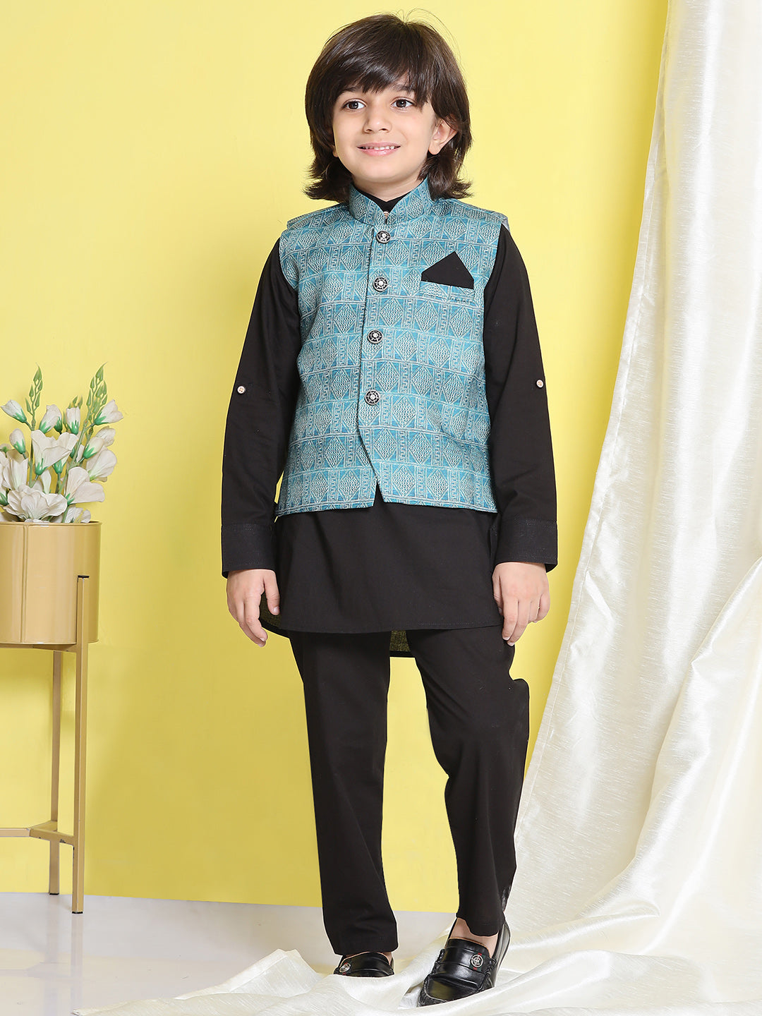 Kids Boys Black Solid Cotton Suit Set - AJ Dezines