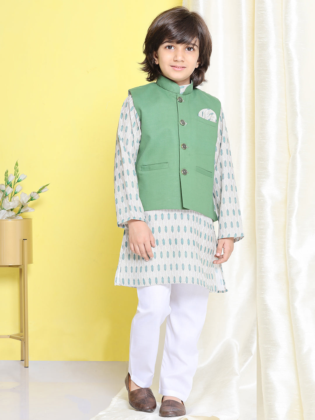 Kids Boys Green Printed Cotton Suit Set - AJ Dezines