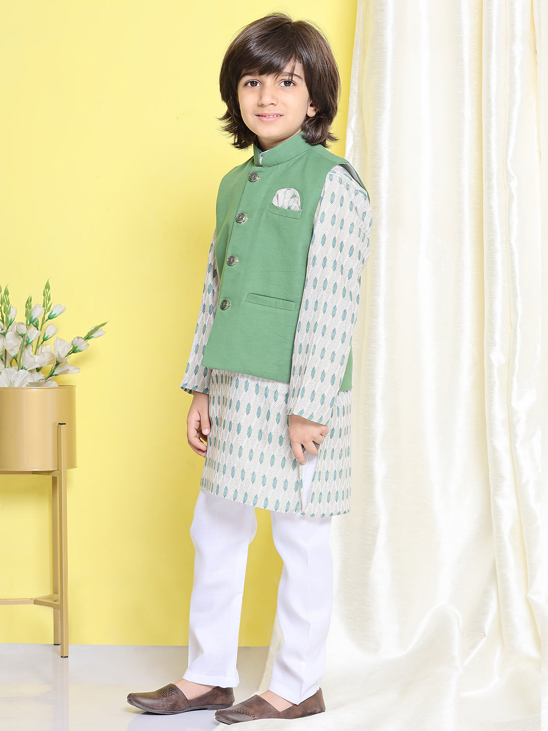 Boys Green Cotton Printed Mandarin Kurta Pyjama Waistcoat