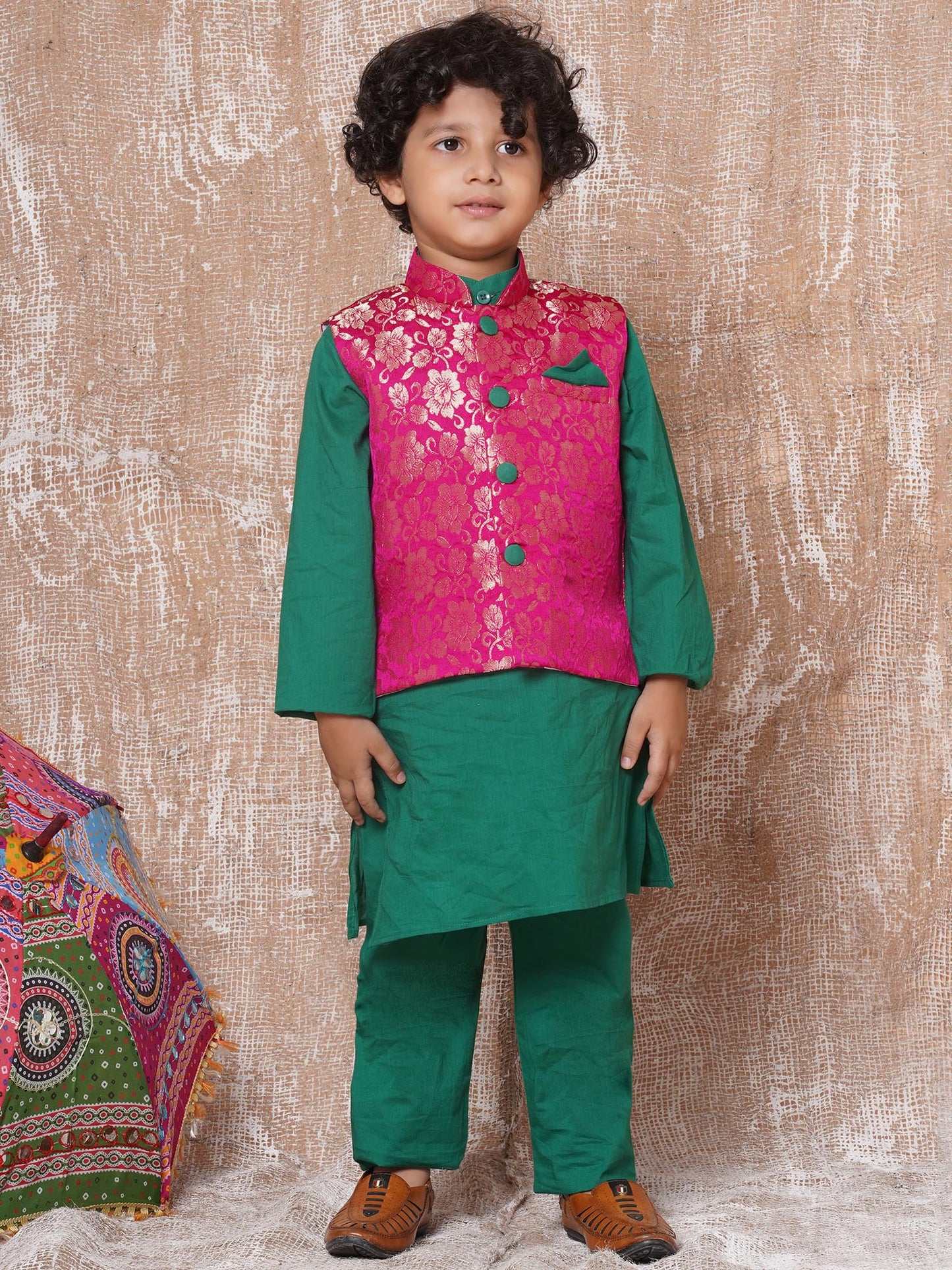 Boys Kurta Pyjamas with Waistcoat and Girls Lehenga Choli Sibling Sets-Green