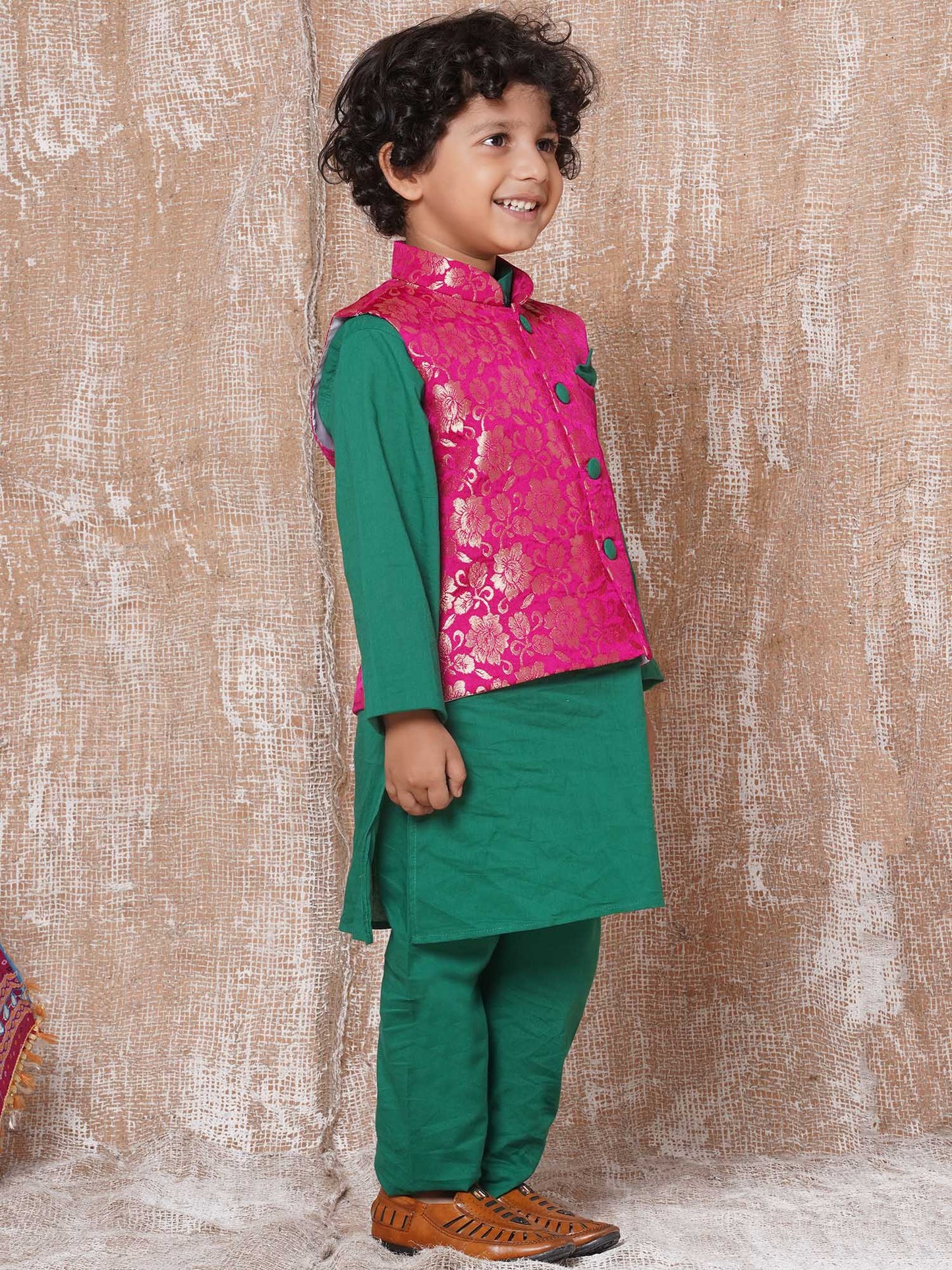 Boys Kurta Pyjamas with Waistcoat and Girls Lehenga Choli Sibling Sets-Green