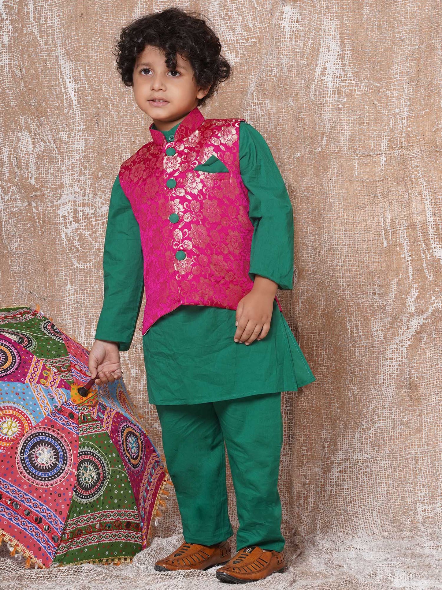 Boys Kurta Pyjamas with Waistcoat and Girls Lehenga Choli Sibling Sets-Green