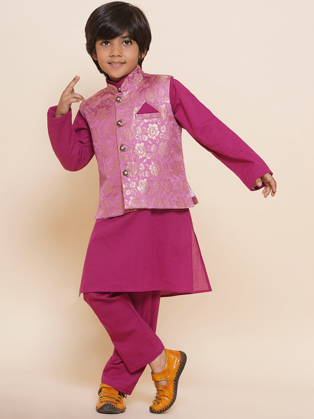 Boys Kurta Pyjamas with Waistcoat and Girls Lehenga Choli Sibling Sets-Pink