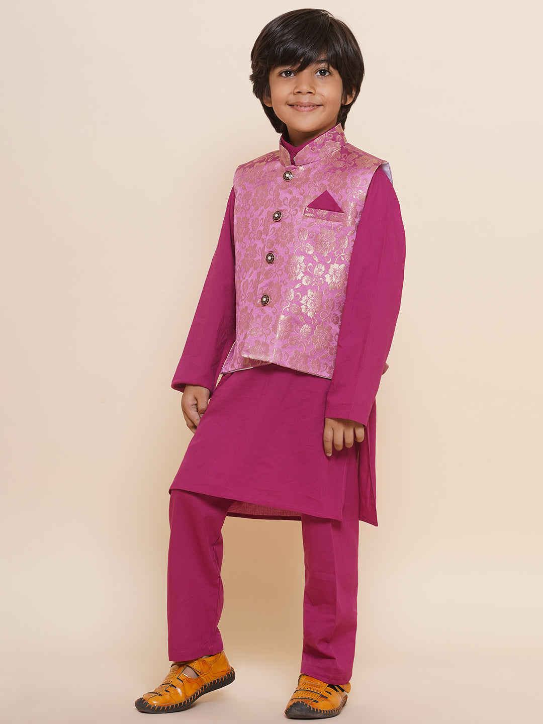 Boys Kurta Pyjamas with Waistcoat and Girls Lehenga Choli Sibling Sets-Pink