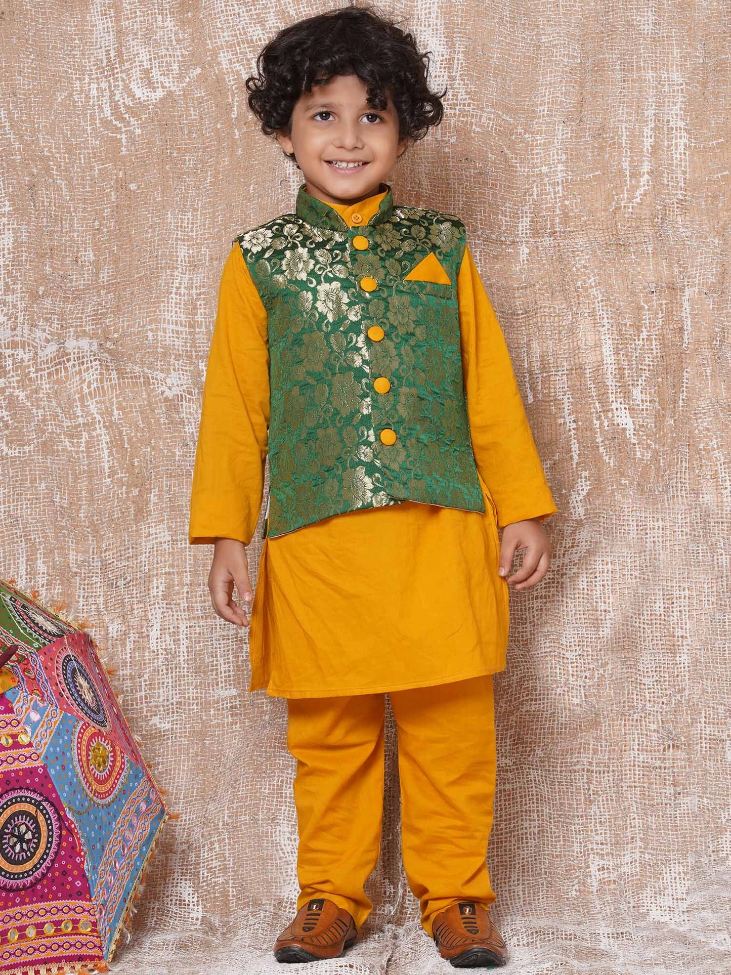 Boys Yellow Silk Blend Weaved Mandarin Neck Kurta Pyjama Waistcoat