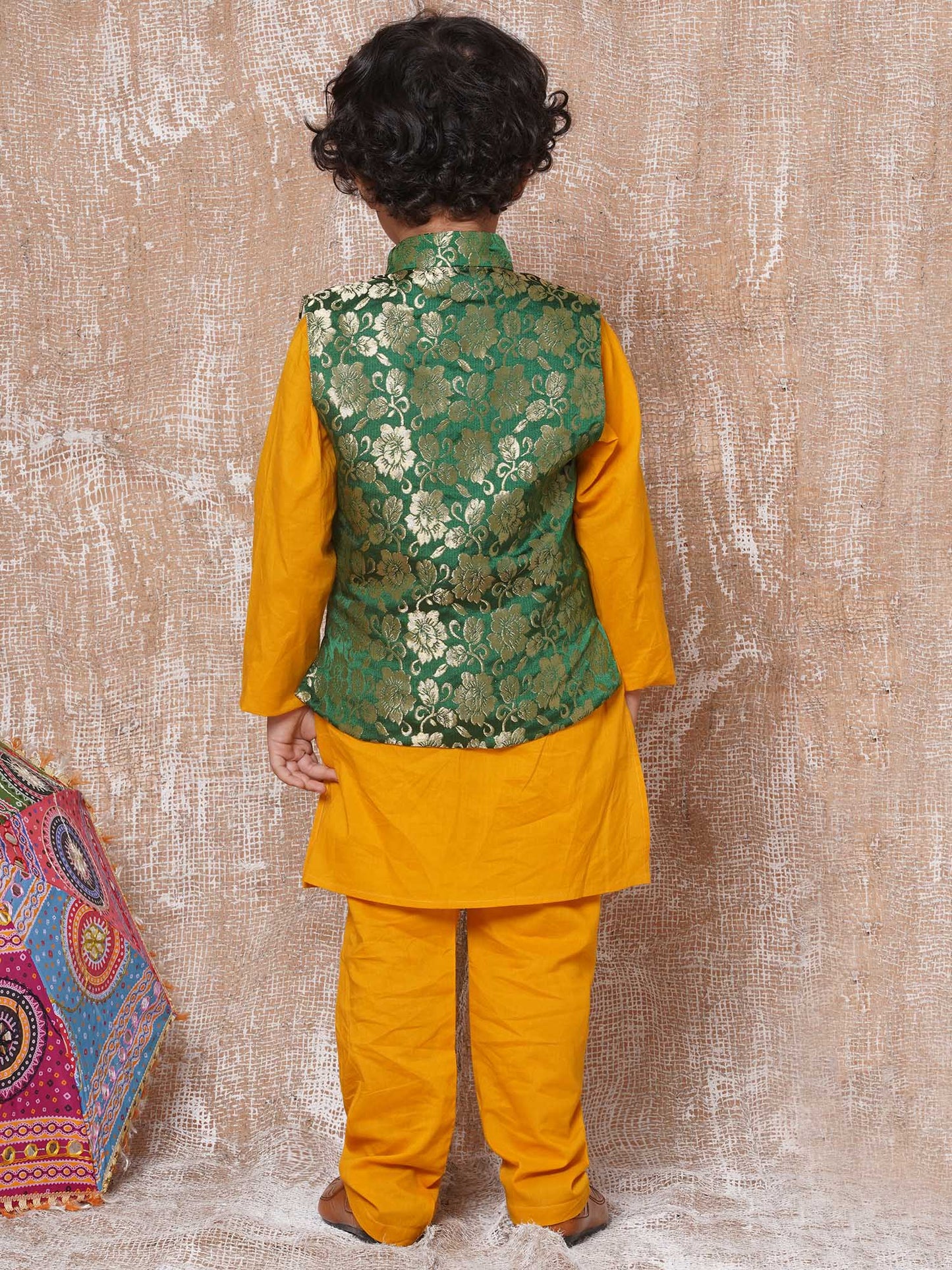 Boys Yellow Silk Blend Weaved Mandarin Neck Kurta Pyjama Waistcoat