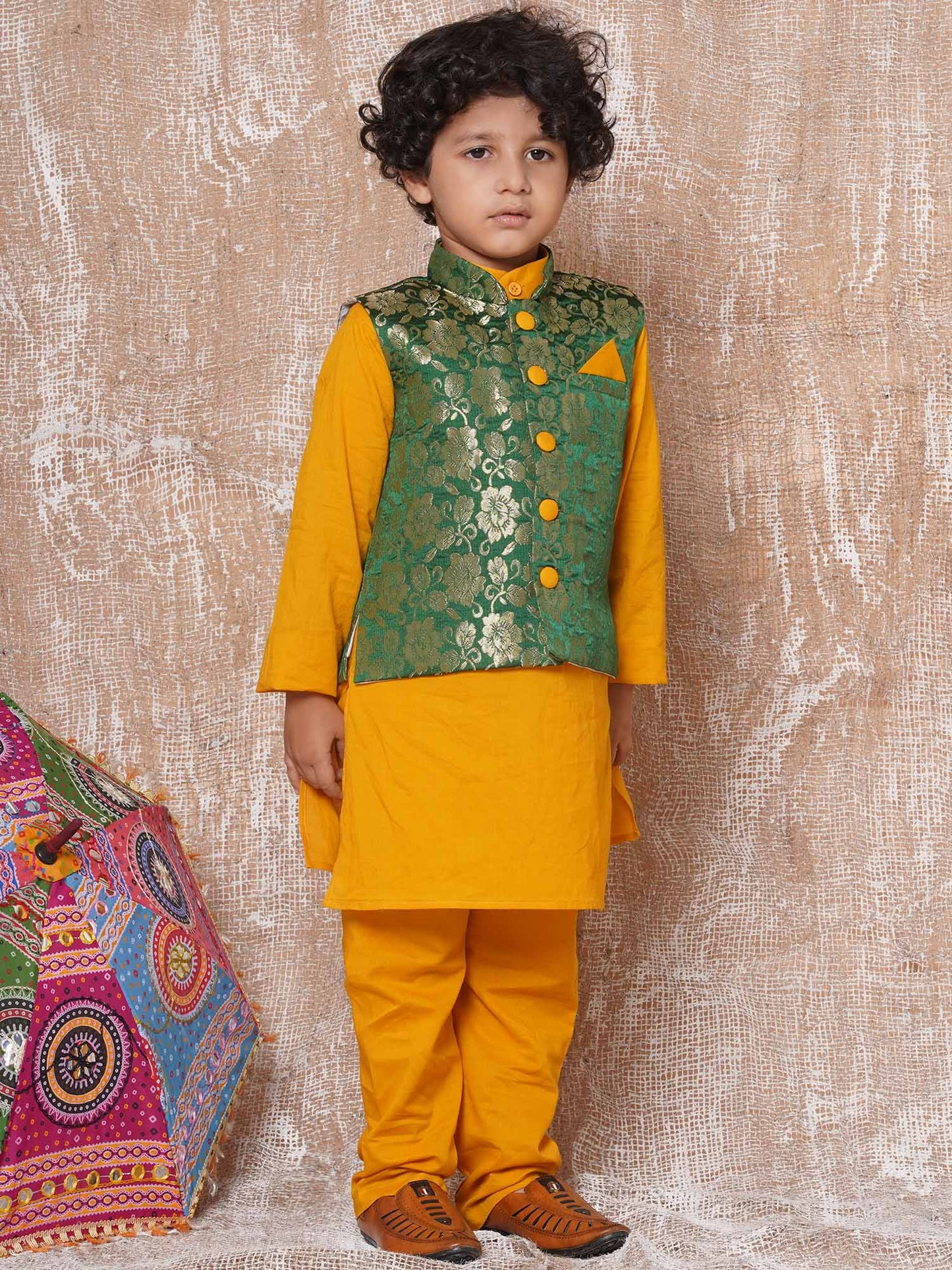 Boys Kurta Pyjamas with Waistcoat and Girls Lehenga Choli Sibling SetsYellow