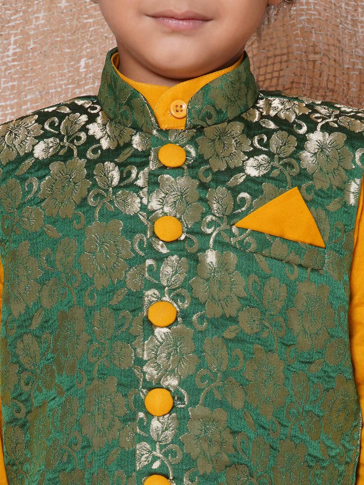 Boys Kurta Pyjamas with Waistcoat and Girls Lehenga Choli Sibling SetsYellow