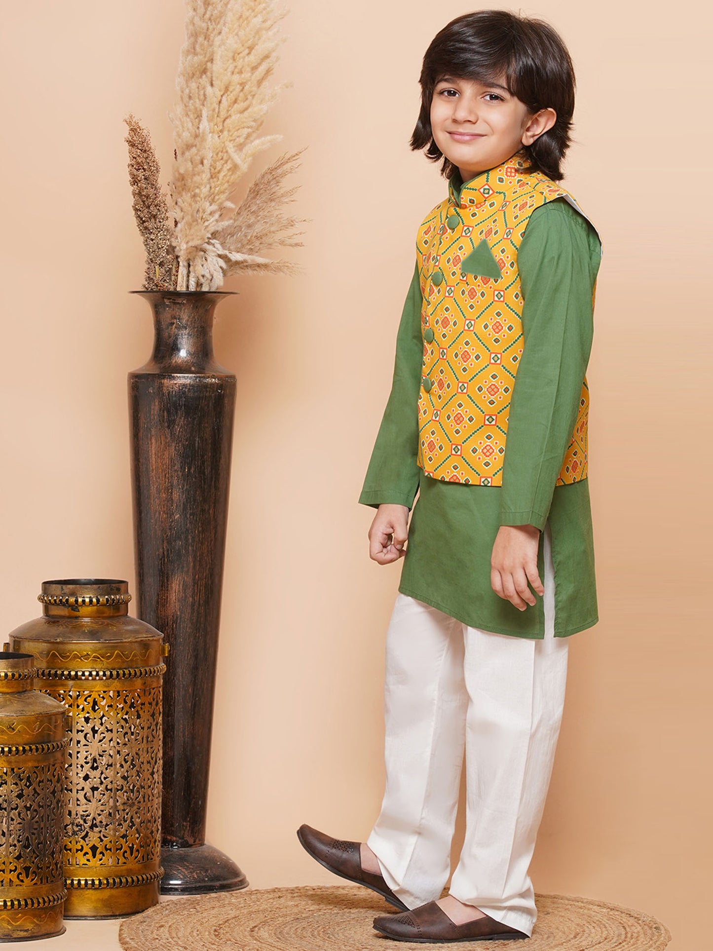 Cotton Floral Print Kids Green Kurta Pyjama Waistcoat Set For Boys