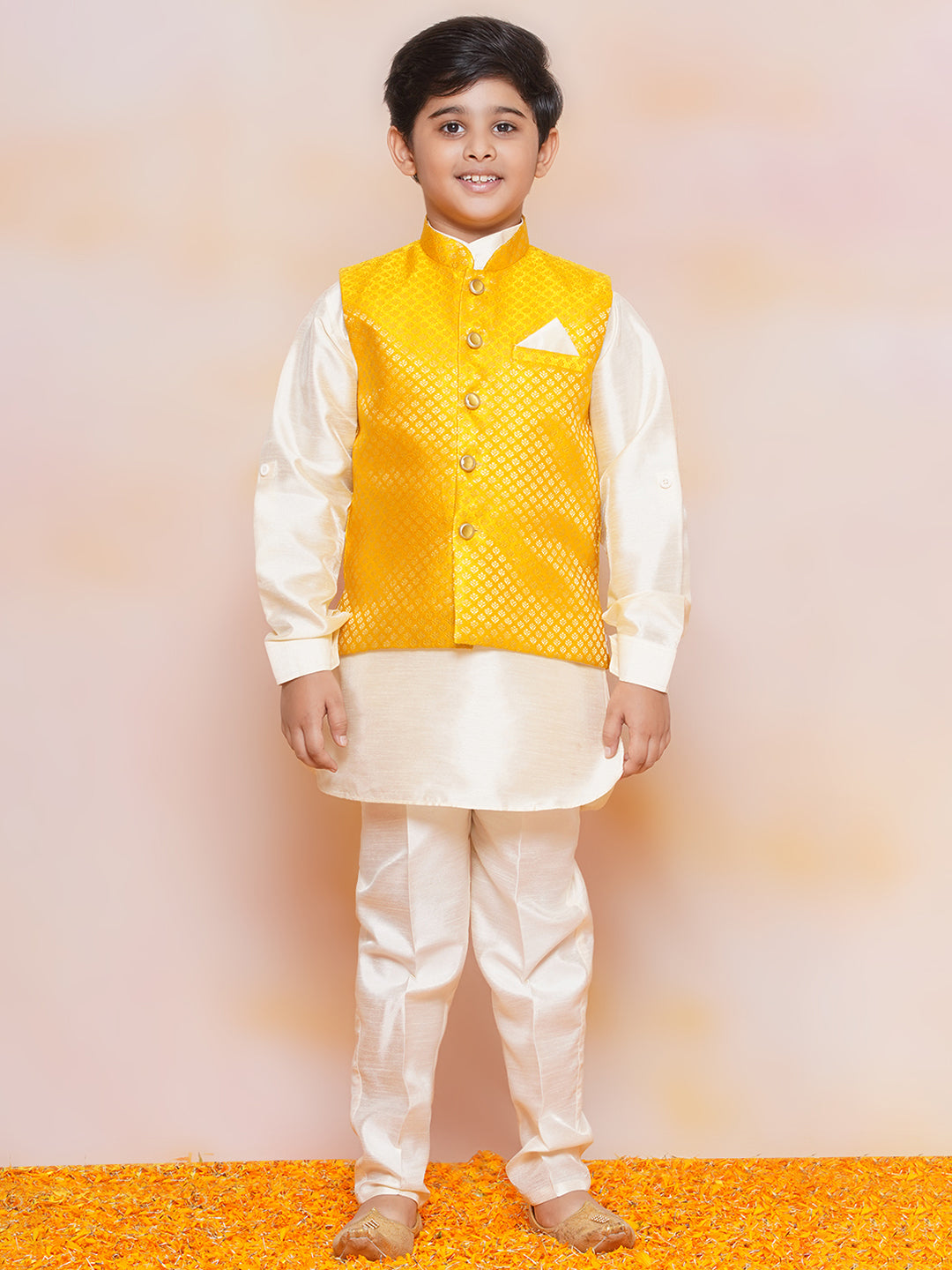 Kids Boys Mustard Printed Jacquard Suit Set - AJ Dezines