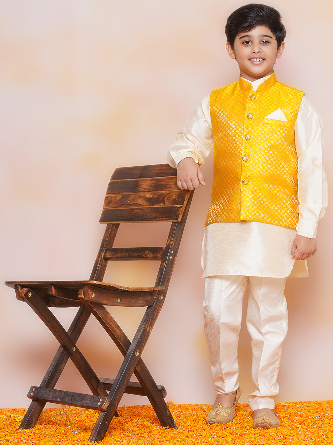 Kids Boys Mustard Printed Jacquard Suit Set - AJ Dezines