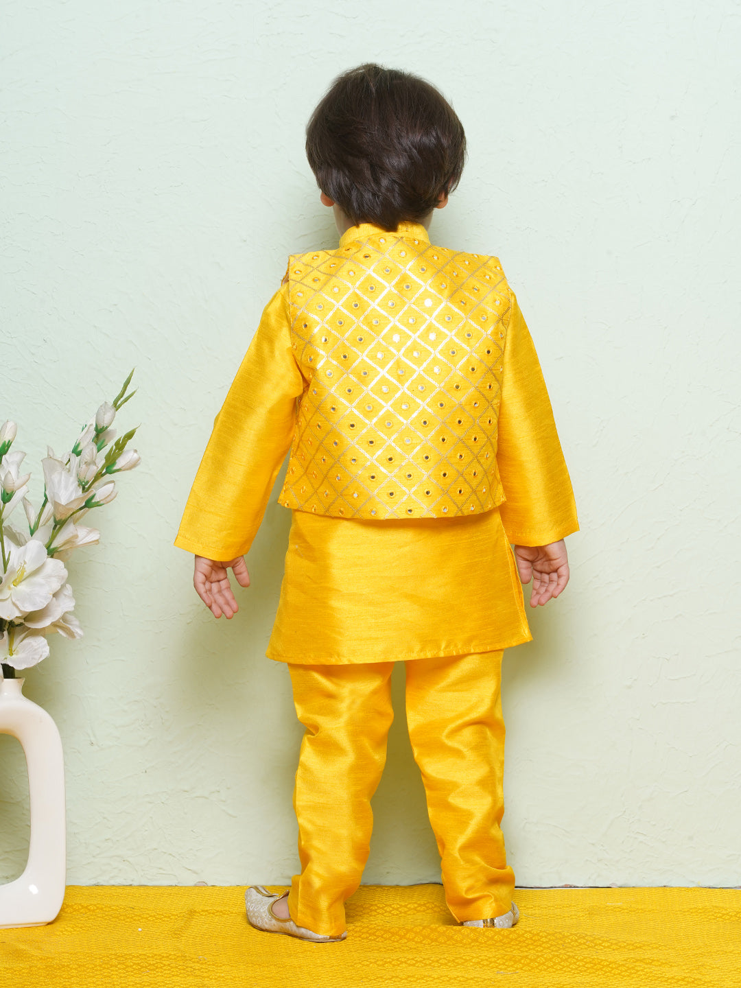 Cotton Blend Kids Mustard Kurta Pyjama Waistcoat Set For Boys