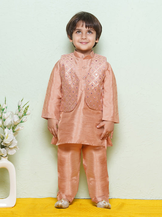 Kids Boys Peach Mirror Embroidery Cotton Blend Suit Set