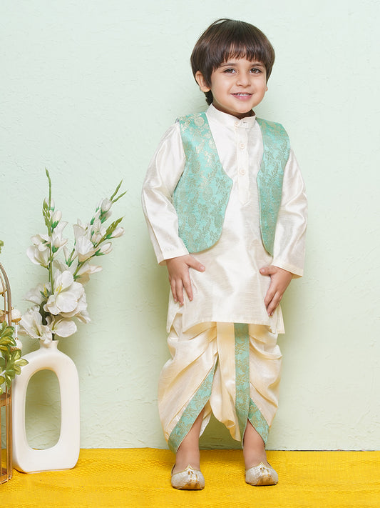 Kids Boys Green Floral Print Cotton Blend Dhoti Set