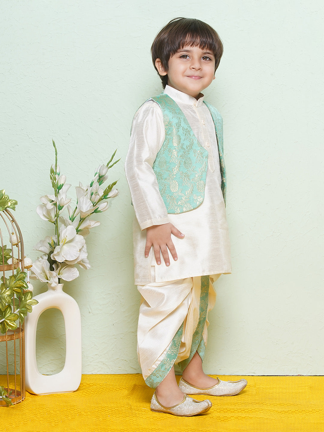 Kids Boys Green Floral Print Cotton Blend Dhoti Set