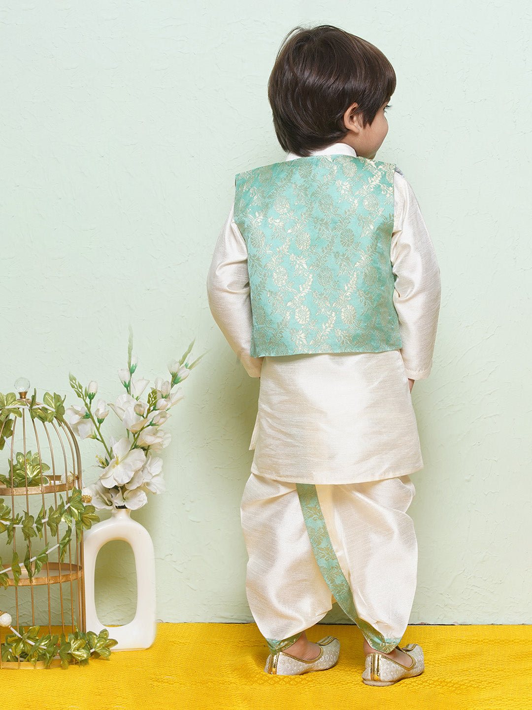 Kids Boys Green Floral Print Cotton Blend Dhoti Set