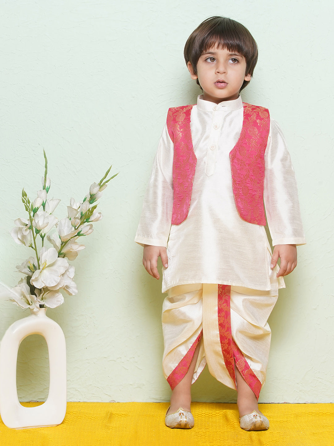 Kids Boys Pink Floral Print Cotton Blend Dhoti Set