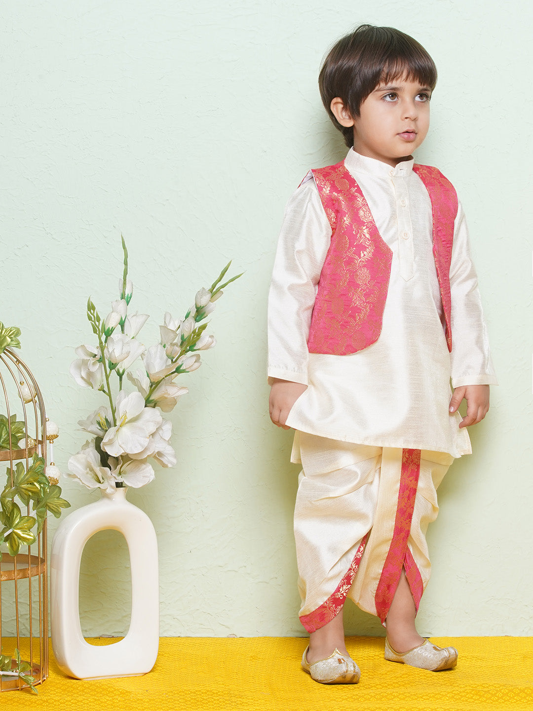 Kids Boys Pink Floral Print Cotton Blend Dhoti Set