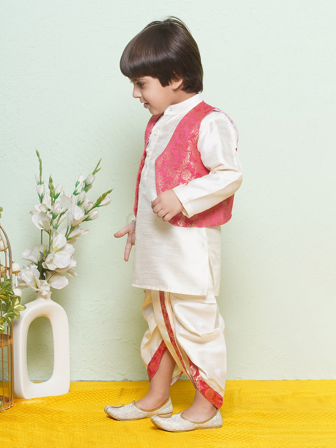 Kids Boys Pink Floral Print Cotton Blend Dhoti Set