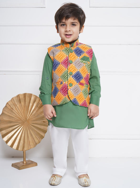 Kids Boys Green Printed Cotton Suit Set