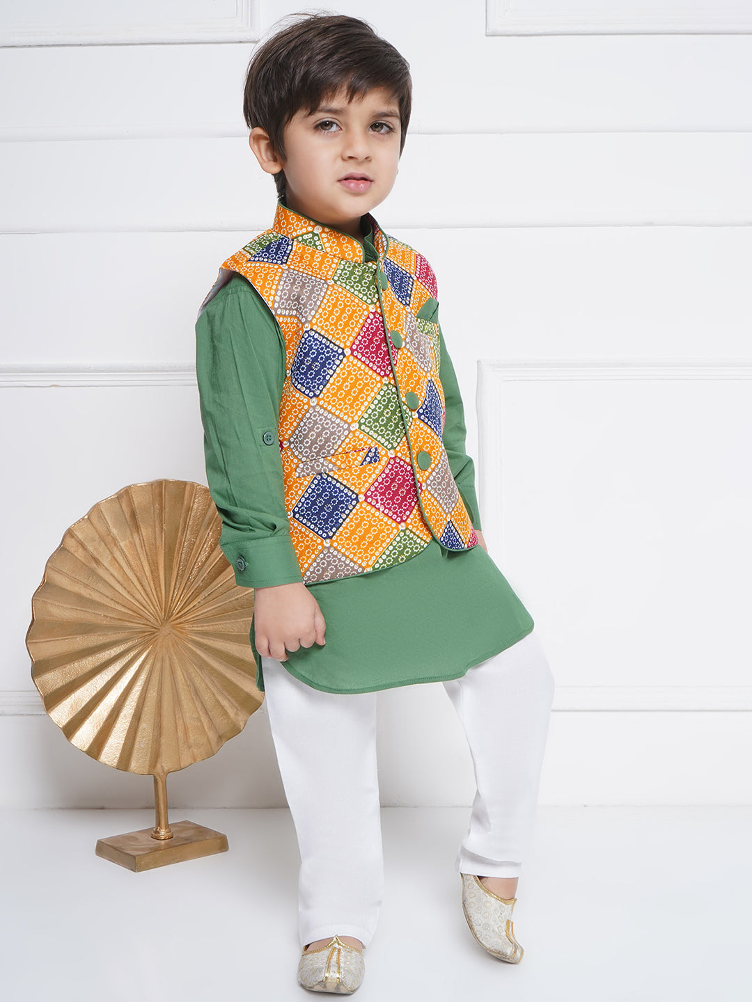 Kids Boys Green Printed Cotton Suit Set