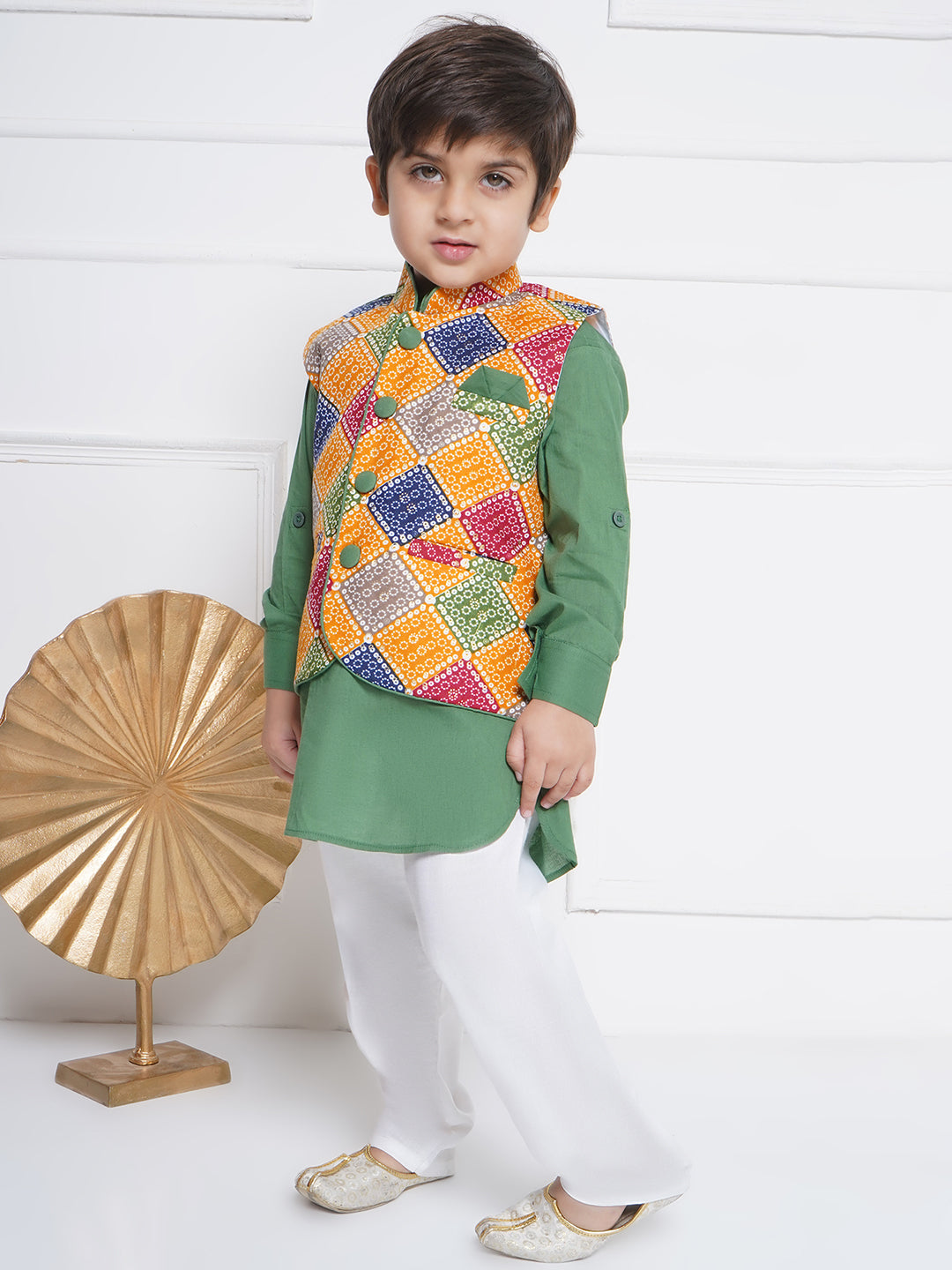 Kids Boys Green Printed Cotton Suit Set