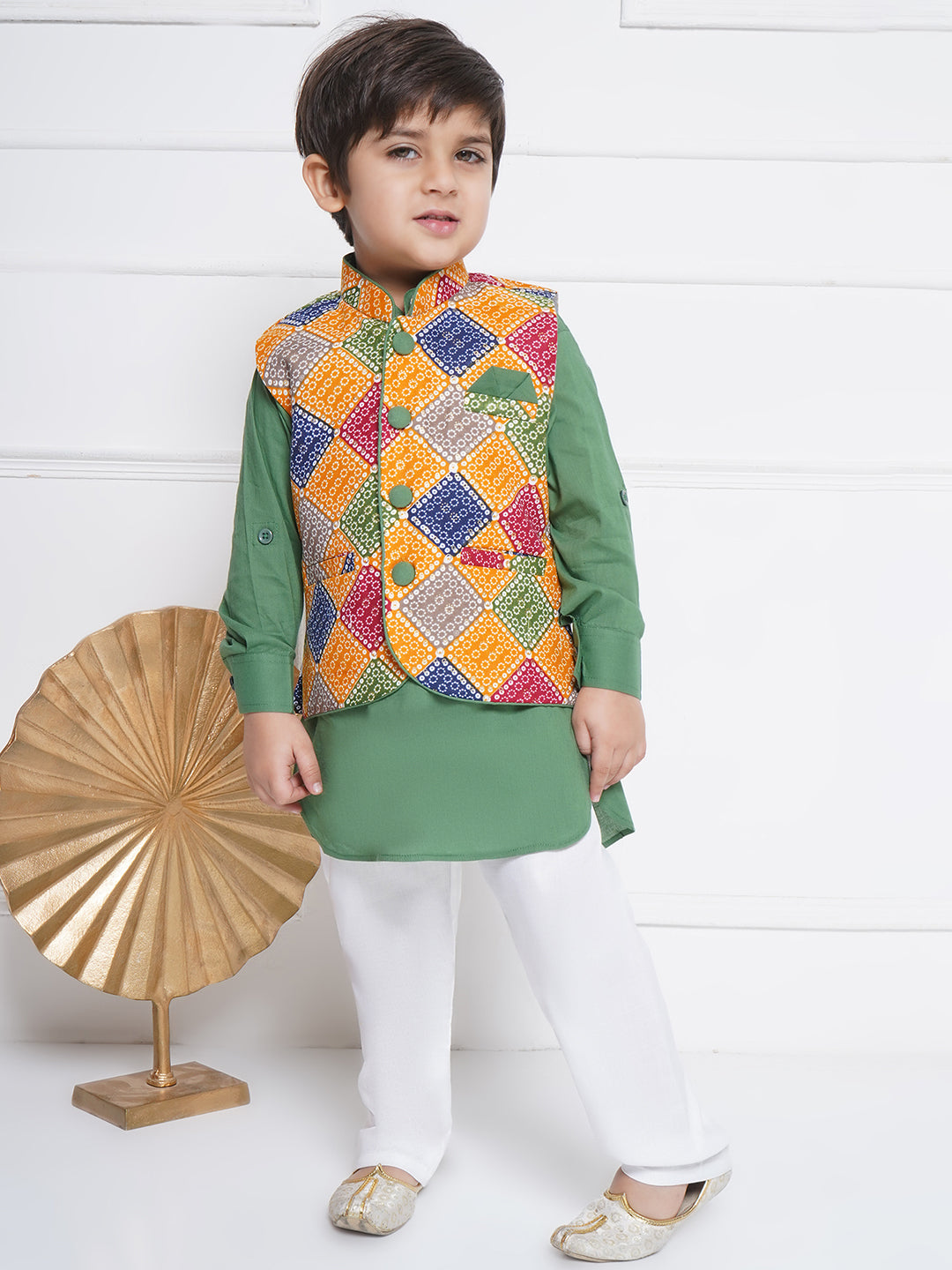 Kids Boys Green Printed Cotton Suit Set