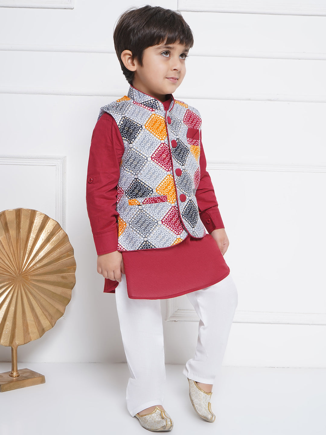 Kids Boys Red Printed Cotton Suit Set