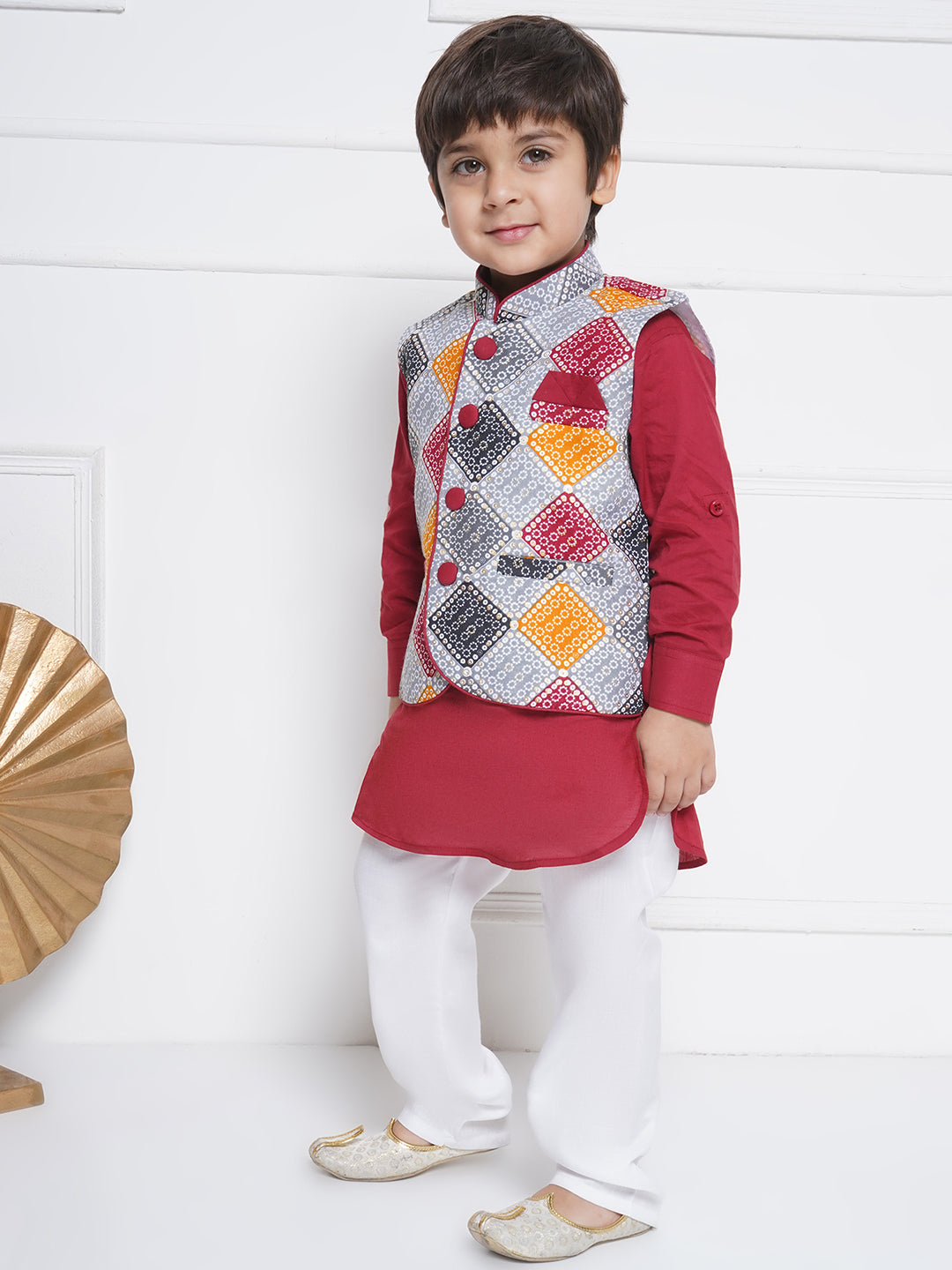 Kids Boys Red Printed Cotton Suit Set