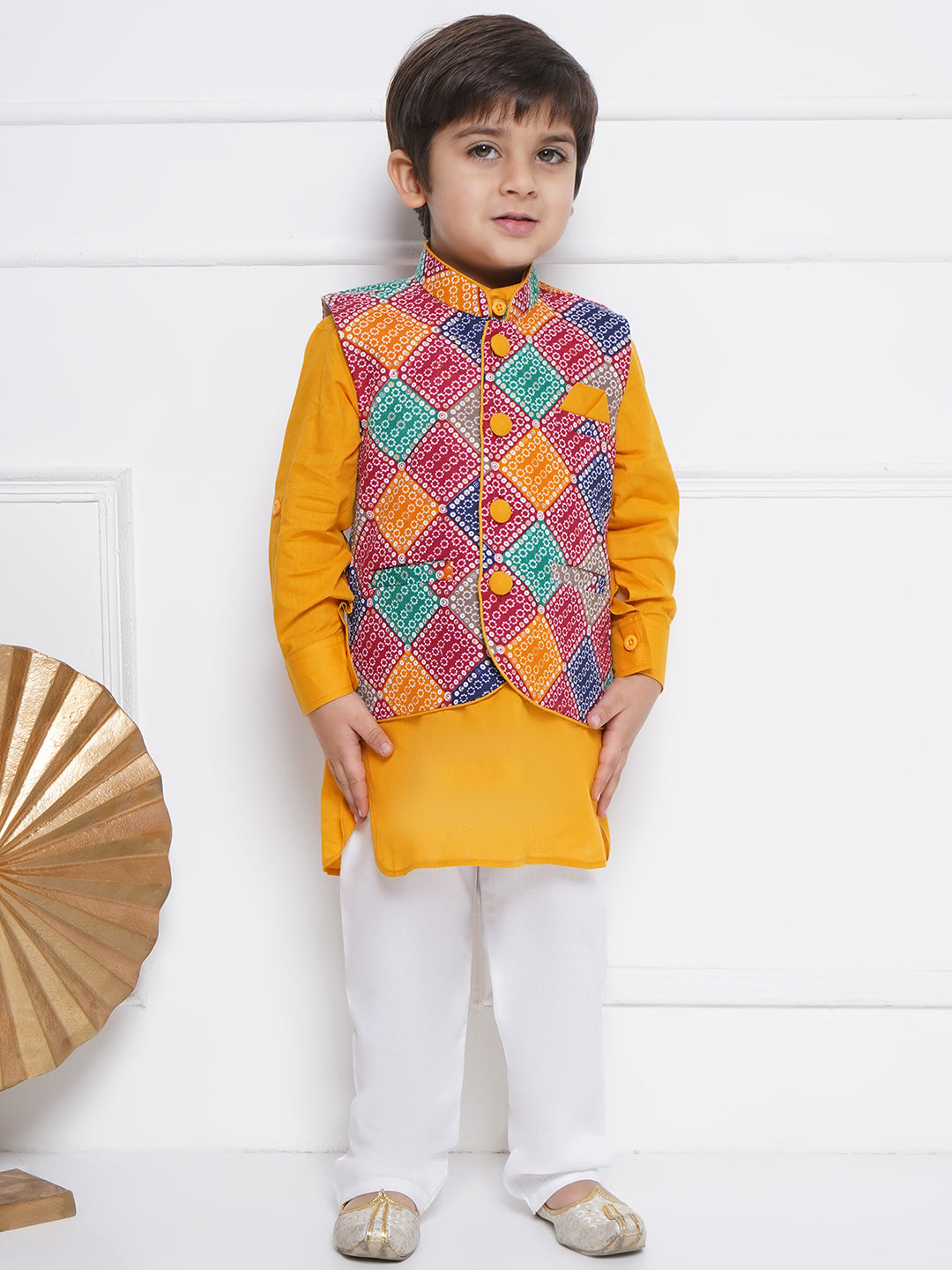 Kids Boys Yellow Printed Cotton Suit Set