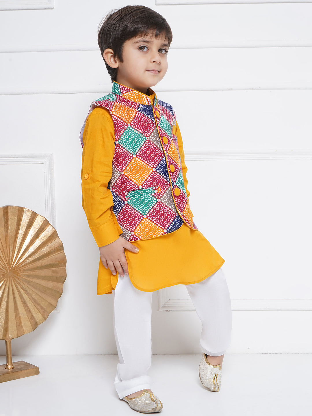 Kids Boys Yellow Printed Cotton Suit Set