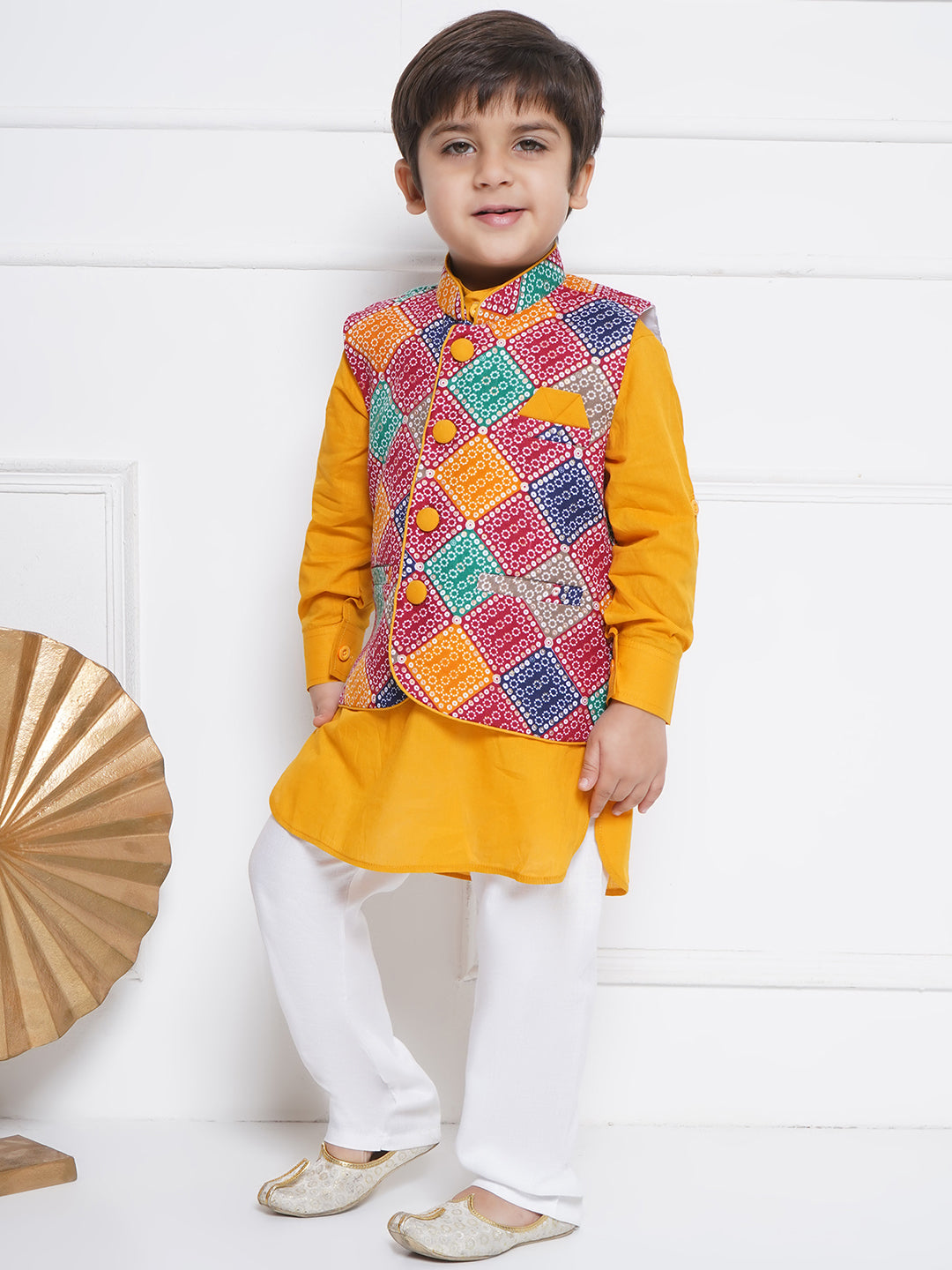 Kids Boys Yellow Printed Cotton Suit Set