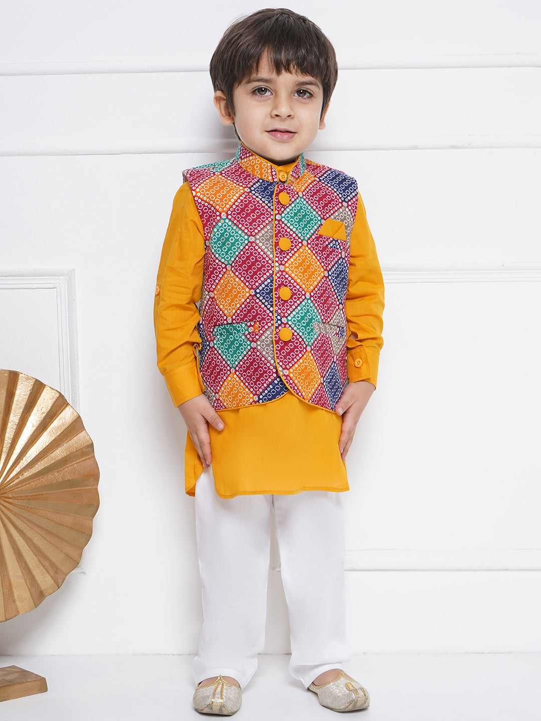 Kids Boys Yellow Printed Cotton Suit Set