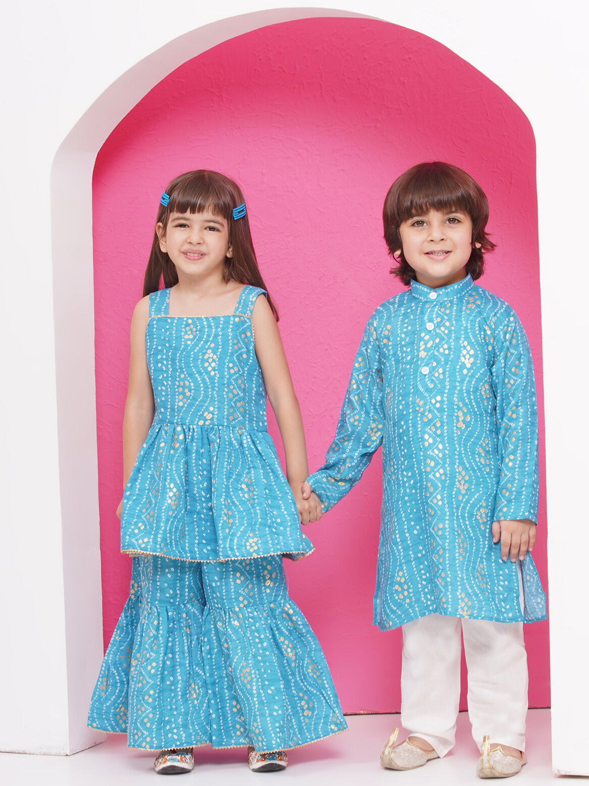 Boys Pure Cotton Kurta Pyjama and Girls Lehenga Sibling Sets-Blue