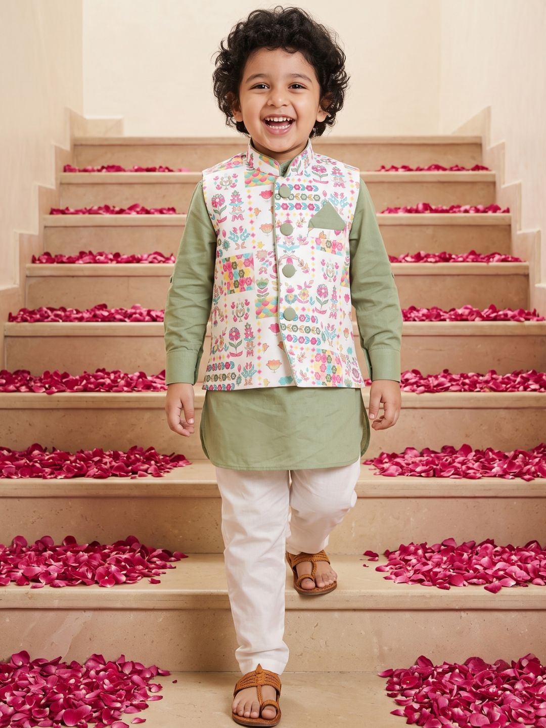 Kids Cotton Full Sleeve Printed Kurta Pajama & Waistcoat Set for Boys