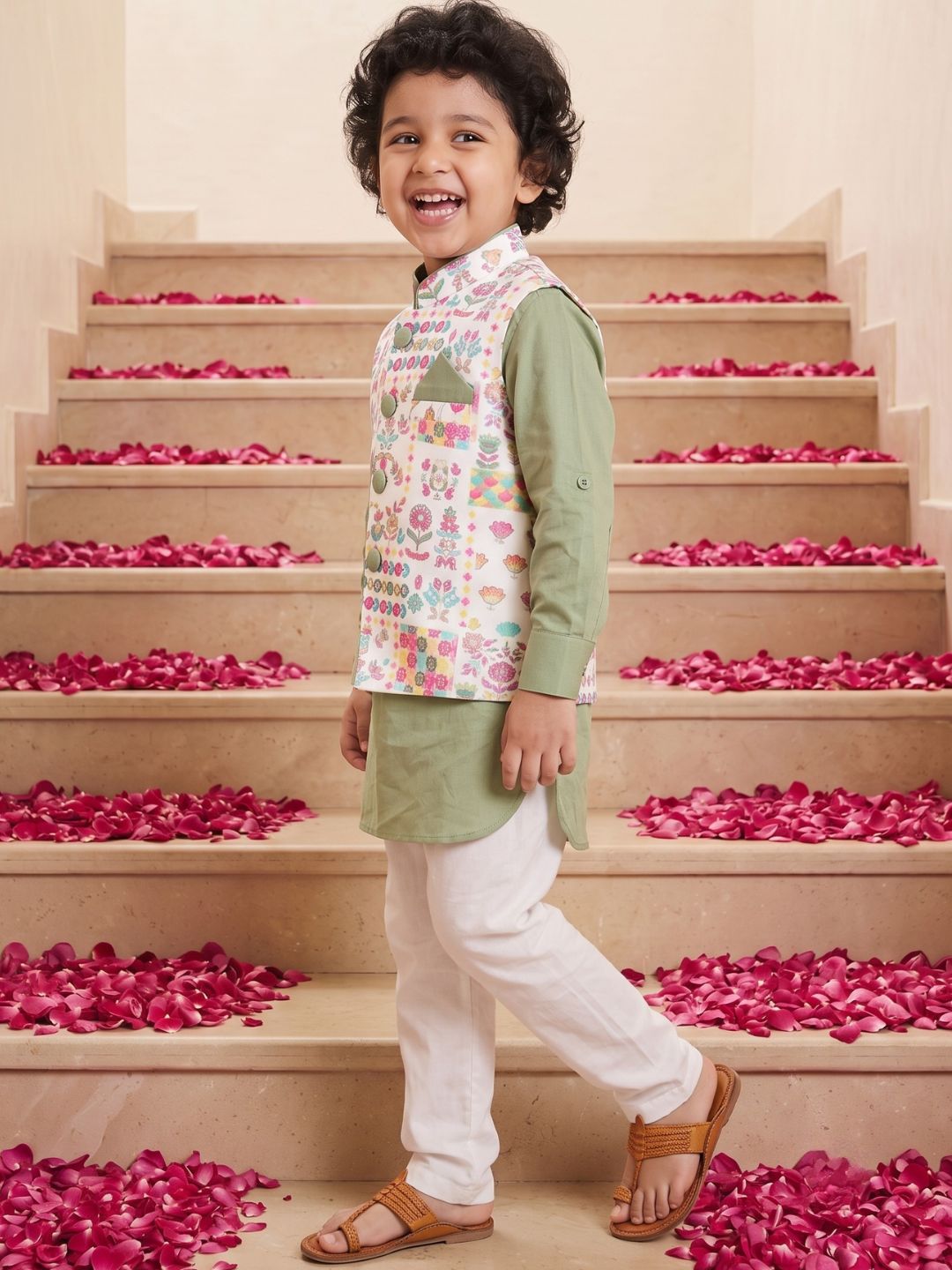 Kids Cotton Full Sleeve Printed Kurta Pajama & Waistcoat Set for Boys