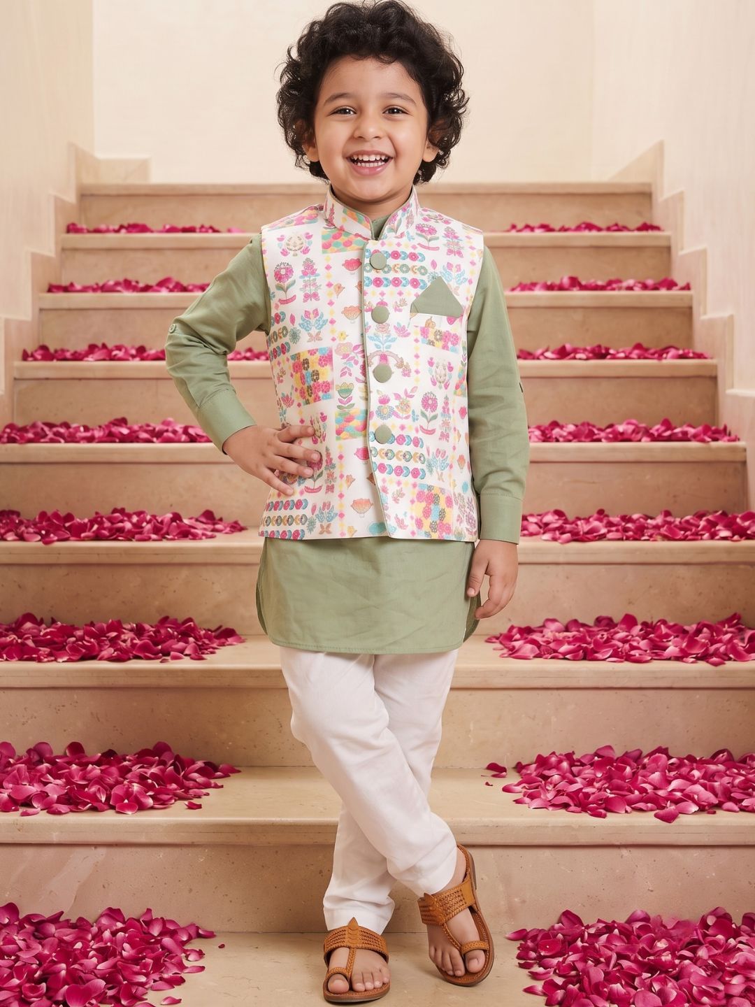 Kids Cotton Full Sleeve Printed Kurta Pajama & Waistcoat Set for Boys