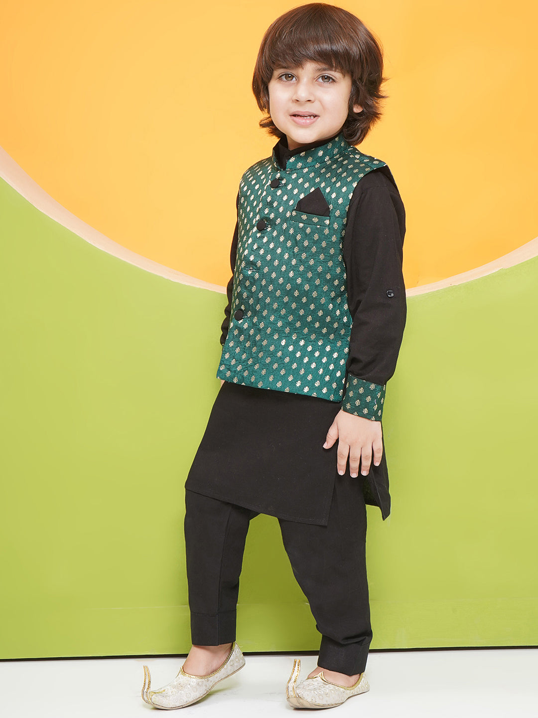 Aj Dezines BLACK Poly Chanderi Full sleeves Motif Print KPW Set for Boys