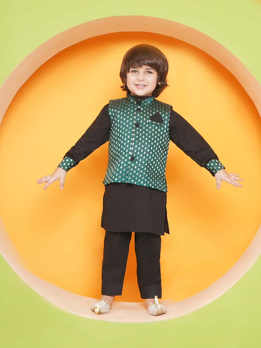 Aj Dezines BLACK Poly Chanderi Full sleeves Motif Print KPW Set for Boys