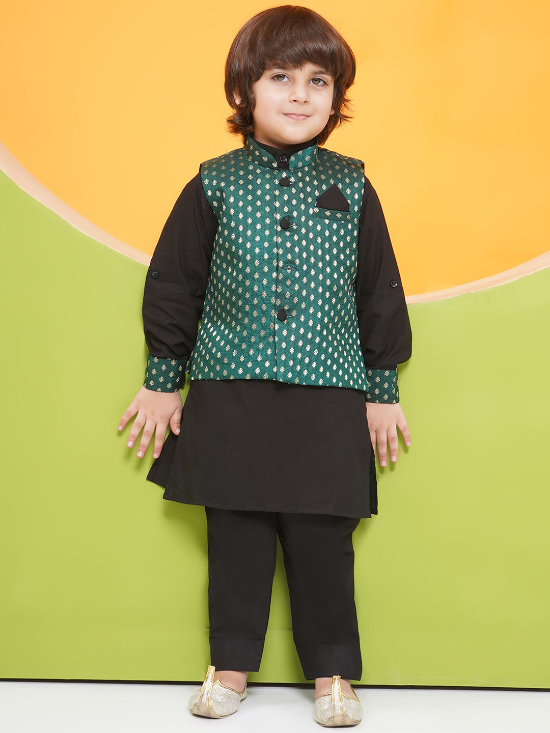 Aj Dezines BLACK Poly Chanderi Full sleeves Motif Print KPW Set for Boys