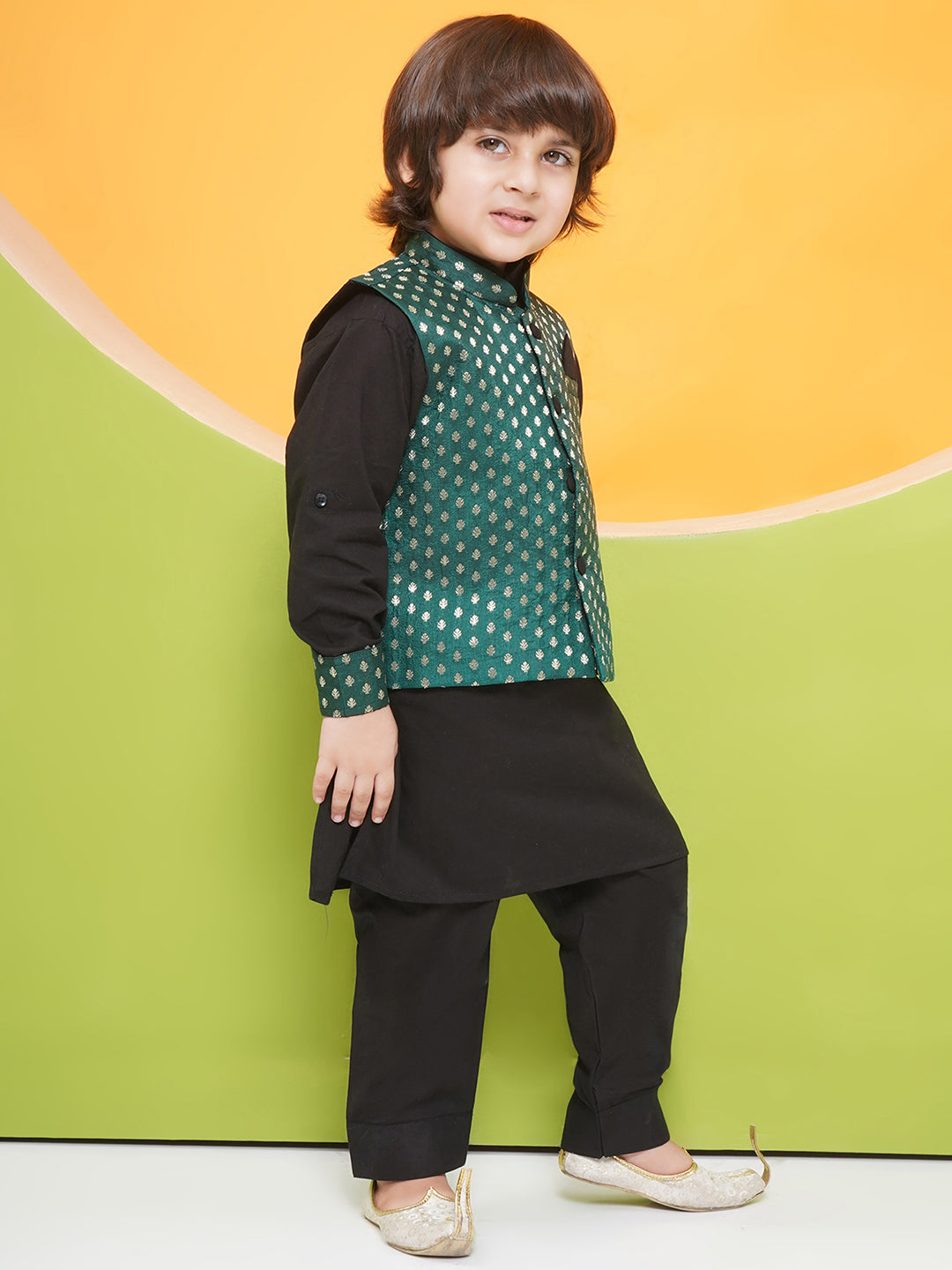 Aj Dezines BLACK Poly Chanderi Full sleeves Motif Print KPW Set for Boys