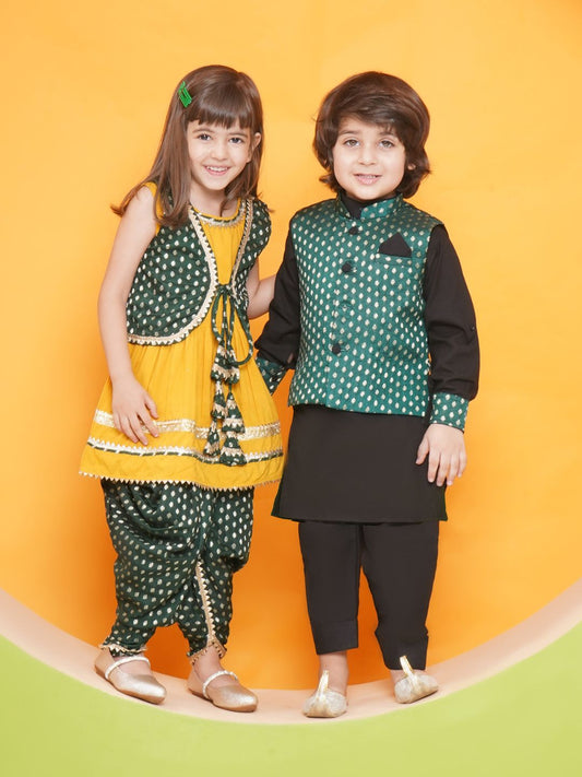 Boys Black Poly Chanderi Full sleeves Kurta Set for Boys and Yellow Sleeveless Girls Dhoti Style Suit Set - Sibling Set
